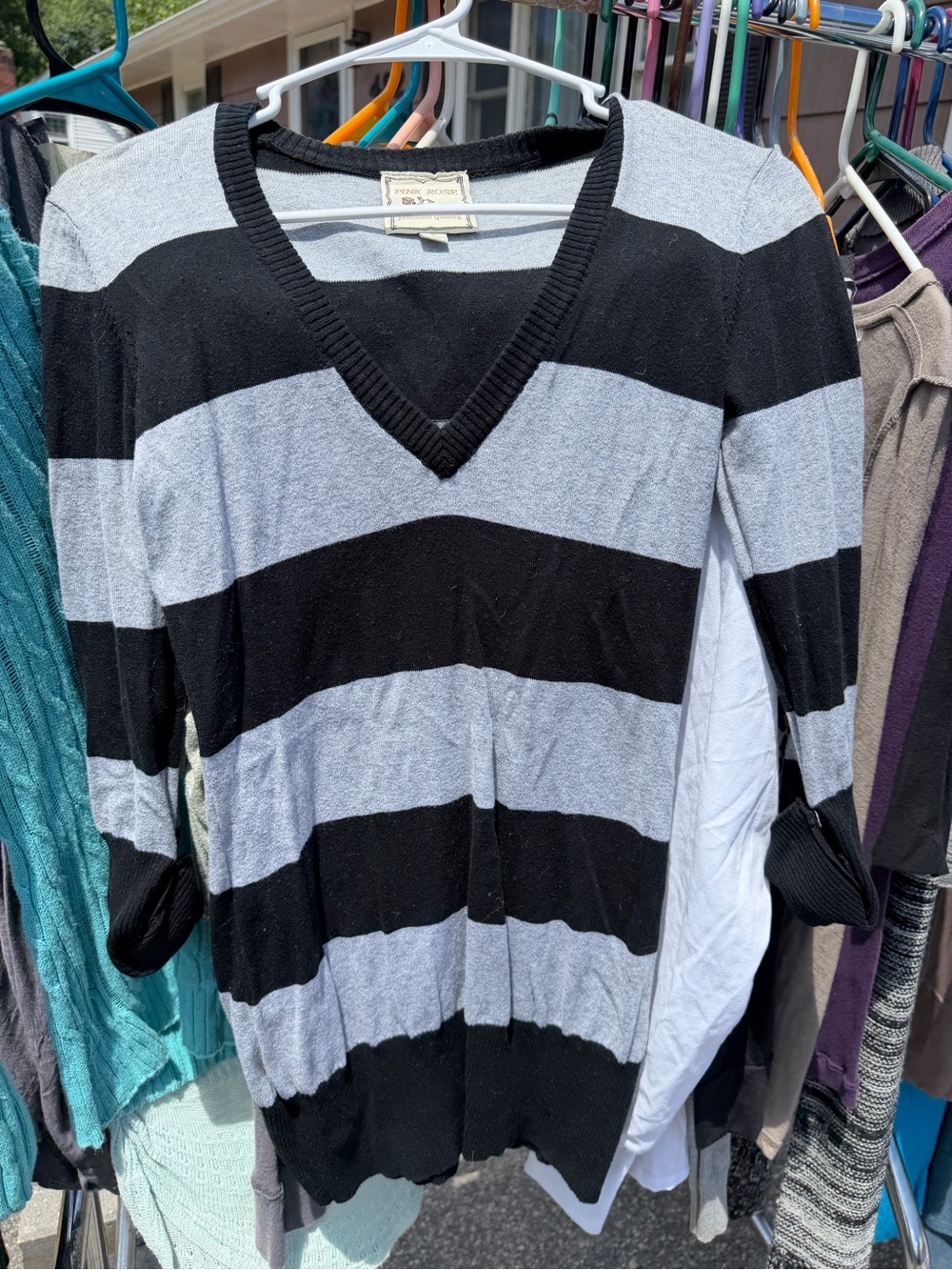 Pink Rose Black and Gray Striped V-Neck Sweater